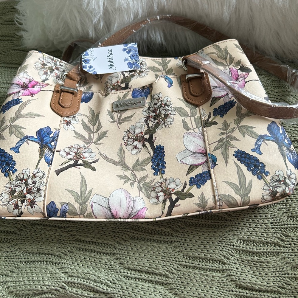 NWT MultiSac Pastel Medium Floral Cream Tote Bag with Tan Straps - Picture 10 of 12